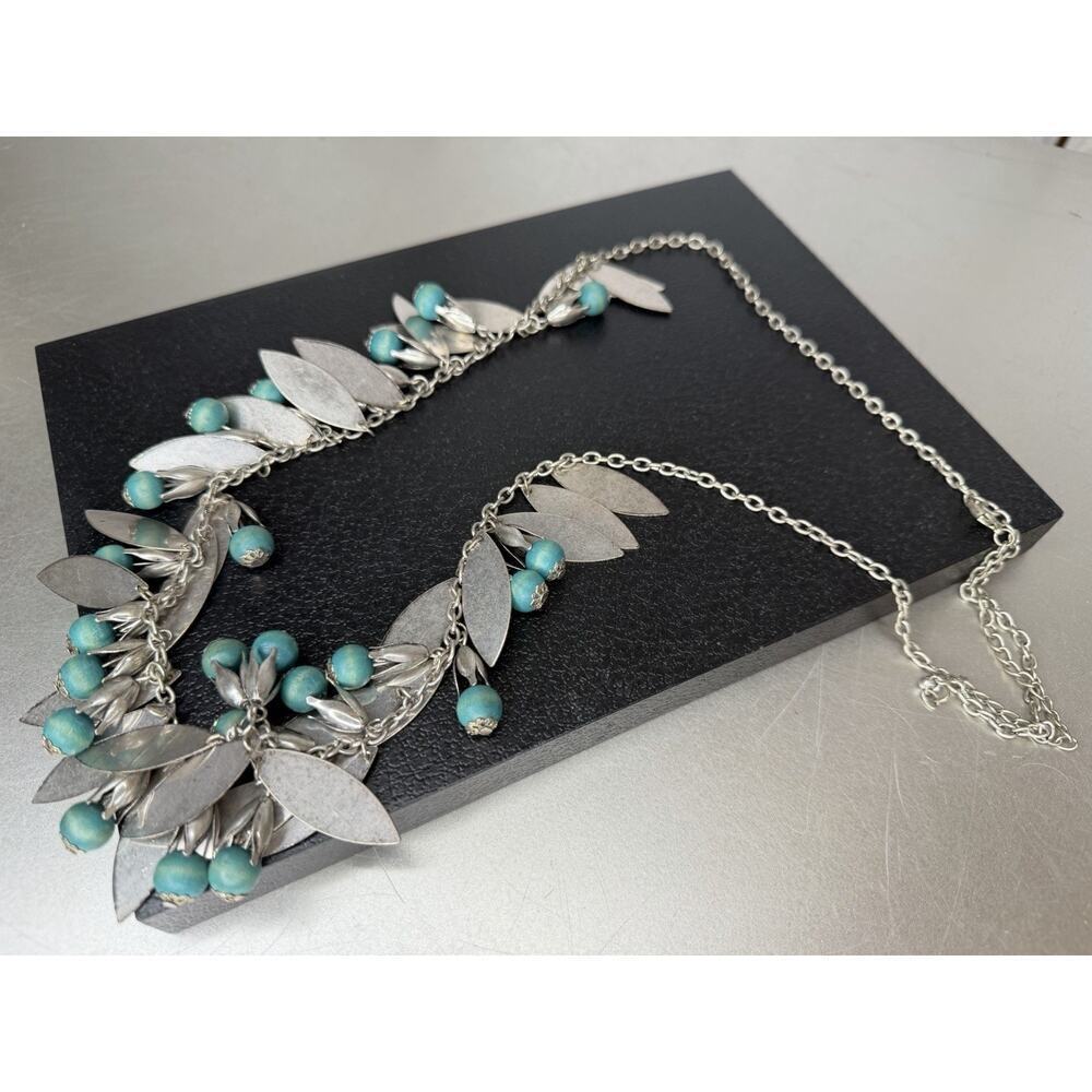 Southwest Silver Tone Leaf Chain Turquoise Wood Beaded Long Unique Boho